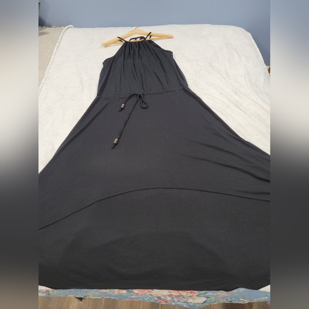 Athleta Women Black Halter Maxi Dress Size L Adjustable Waist Casual Travel Summ - Picture 9 of 16